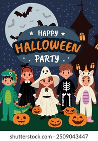 Halloween party flyer with kids in skeleton, witch, dinosaur, ghost costumes. Vector party invitation poster with cute characters on night sky background. Funny spooky postcard templates for holiday.