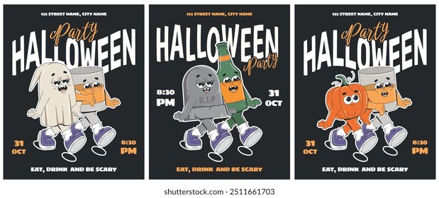 Halloween party flyer layout with retro cartoon characters. Ghost, pumpkin, tombstone, beer bottle, glass of whisky. Vector set of Halloween party invitations.