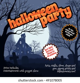 A Halloween party flyer leaflet with a spooky haunted house and graveyard