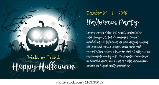 Halloween Party Flyer. Night scary Background with Moon, Bats, Skull and evil Pumpkin. Halloween Invitation Poster Design Mockup.