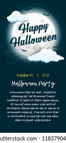 Halloween Party Flyer. Night scary Background with Moon, Bats, Skull and evil Pumpkin. Halloween Invitation Poster Design Mockup.