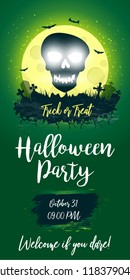 Halloween Party Flyer. Night scary Background with Moon, Bats, Skull and evil Pumpkin. Halloween Invitation Poster Design Mockup.