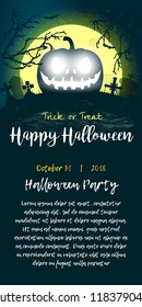 Halloween Party Flyer. Night scary Background with Moon, Bats, Skull and evil Pumpkin. Halloween Invitation Poster Design Mockup.