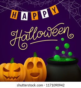 Halloween party flyer with orange pumpkin, cauldron and creepy pattern on purple background. Vector illustration