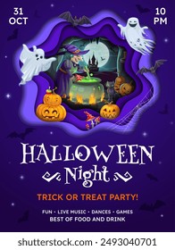 Halloween party flyer with paper cut witch cave, ghosts and pumpkins. Vector party invitation poster with funny hag and boiling cauldron with potion, castle at night moonlight and spooky scary bats