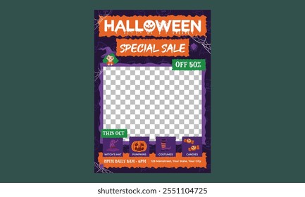 Halloween Party Flyer. Perfect for Halloween invitations, event promotion or party decorations. Vector illustration.