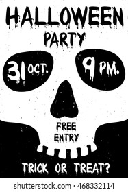 Halloween party flyer or poster. Funny cartoon close up skull silhouette.