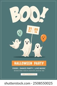 Halloween party, flyer, poster. A jolly ghosts exclaims Boo. Celebrate Halloween night with a dance party featuring food and live music on October 31st, where fun and fright await all.