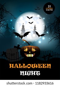 Halloween party flyer or poster with pumpkins, hat, hut & gate & Horror background..