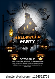 Halloween party flyer or poster with pumpkins, hat, hut & gate & Horror background..