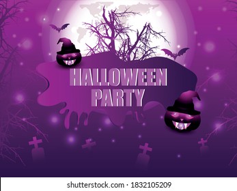 Halloween party flyer or poster with pumpkins, hat, hut & gate & Horror background.