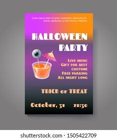 Halloween party flyer or poster. Vector template with cocktail jelly shot and spooky eye on stick. Trick or treat concept.