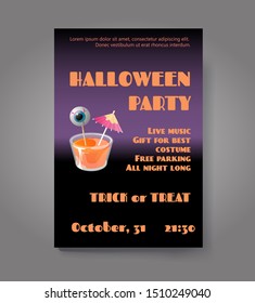 Halloween party flyer or poster. Vector template with cocktail jelly shot and spooky eye on stick. Trick or treat concept.