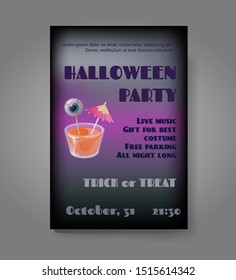 Halloween party flyer or poster. Vector template with cocktail jelly shot and spooky eye on stick. Trick or treat concept.