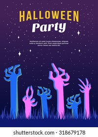 Halloween Party. Flyer or Poster Vector Template with Zombies Hands