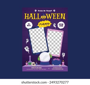 Halloween Party Flyer. Posters for halloween party. Horror movie night flyer, ticket and trick or treat invitation with skeleton, zombie, scary pumpkin vector set. Illustration halloween night party a