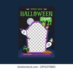 Folleto de la fiesta de Halloween. Carteles para la fiesta de Halloween. Volante de noche de película de terror, boleto y truco o invitación de trato con esqueleto, zombi, juego de Vector de calabaza de miedo. Ilustración fiesta de noche de halloween a