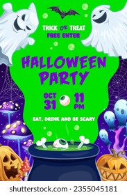 Halloween party flyer with potion cauldron, witch mushrooms, pumpkins and vector funny ghosts. Halloween holiday trick or treat party with spooky boo ghosts, bat and witch magic potion with bones