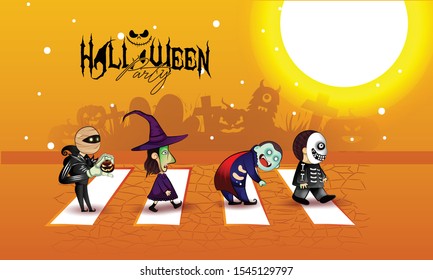 Halloween party flyer with pumpkins, Group of kids in halloween costume