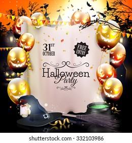 Halloween party flyer with pumpkins, hat, pot and old broom in front of scary castle