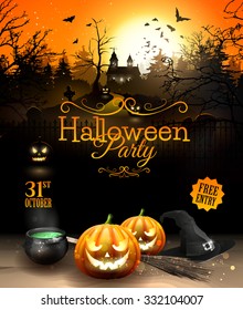 Halloween party flyer with pumpkins, hat, pot and old broom in front of scary castle