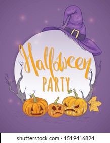 Halloween party. Flyer with pumpkins, witch hat and dry branches