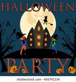 Halloween party flyer with Pumpkins,Hat and Witch in front of scary castle. Full Moon background. Perfect for  Halloween Party's Invitation.