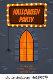 Halloween party flyer. Retro banner with glowing lamps. Vector illustration with shining lights in vintage style. Greeting card template.