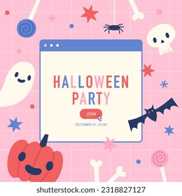 Halloween party flyer. Retro desktop window with message. 