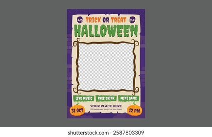 Halloween Party Flyer. Halloween Sale Promotion Poster template with Halloween pumpkins,cute ghost,coupon,shopping bag .Website spooky or banner template. Vector illustration 