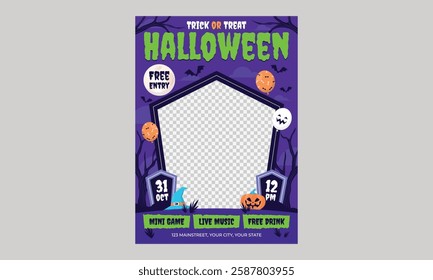 Halloween Party Flyer. Halloween Sale Promotion Poster template with Halloween pumpkins,cute ghost,coupon,shopping bag .Website spooky or banner template. Vector illustration 