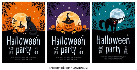 Halloween party flyer set. Bright vector illustration. Pumpkin jack-o-lantern, black cat, witch hat, lollipop, moon. For advertising banner, poster, flyer.