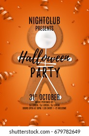 Halloween party flyer with skeleton gingerbread man cookies. Top view on composition with confetti and serpentine on orange background. Vector illustration. Invitation to nightclub.