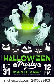 Halloween party flyer with spooky ghosts floating around a bubbling cauldron with green brew. Vector invitation poster for eerie night with all the thrills you need. Join us for a spine-tingling bash