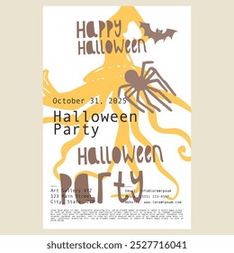 Volante de fiesta de Halloween con gráficos de calabaza y murciélago, con texto peculiar y colores brillantes, perfecto para celebraciones e invitaciones festivas.