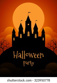 Halloween party flyer template. Castle on the background of the moonscape