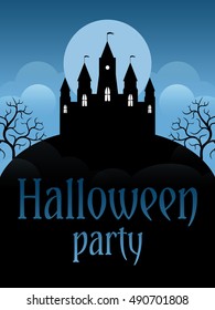 Halloween party flyer template. Castle on the moonscape background