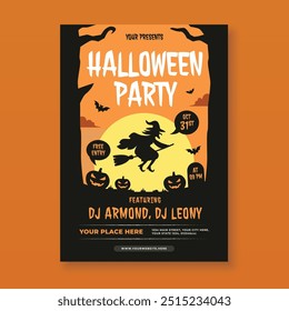 Halloween party flyer template with flying witch and scary pumpkin silhouette