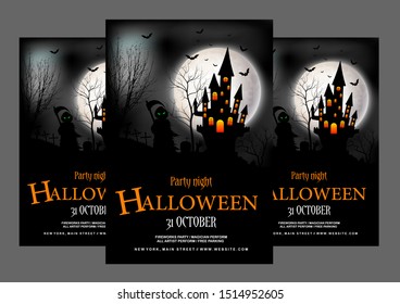 Halloween party flyer template with grim reaper holding a scythe on mysterious moon background