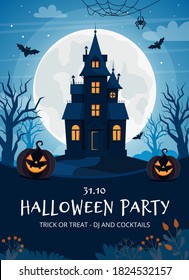 Halloween party flyer template with haunted house and pumpkins