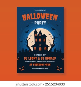 Halloween party flyer template with haunted house and scary pumpkin