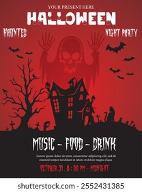 Halloween party flyer template with haunted house and scary ghost with bony arms , bats fly haunted tree and much more.Vector illustration  background . Eps 10