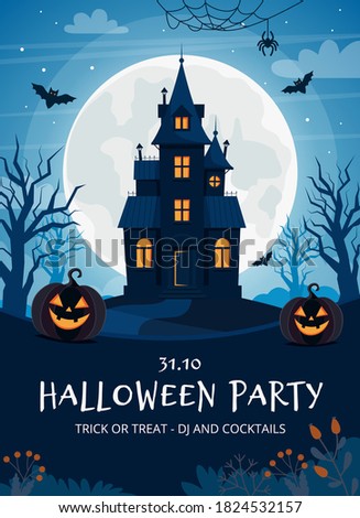 Halloween party flyer template with haunted house and pumpkins