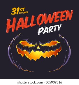 Halloween party flyer template. Vector art of halloween pumpkin glowing in darkness. Vector typography. 