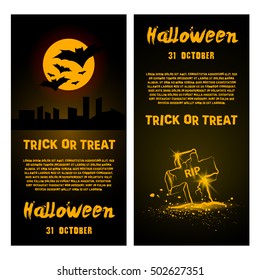 Halloween party flyer template. Vector set of invitations in yellow neon style.