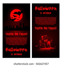 Halloween party flyer template. Vector set of invitations in red neon style.