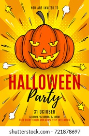 Halloween Party Flyer Template. Vector Illustration in Pop Art Style. Festive Card with Pumpkin. Invitation to Nightclub.