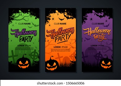 Halloween Party flyer templates set with brush stroke background, hand lettering text Halloween Party and traditional Halloween holiday spooky symbols. Vector illustration.