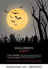 Halloween party flyer with a terrifying atmosphere. Create your invites quick and easy by just switching out the bottom text with your own location and contact details.  Vector illustration.