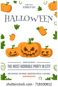 Halloween party flyer with three pumpkin head. Vector illustration